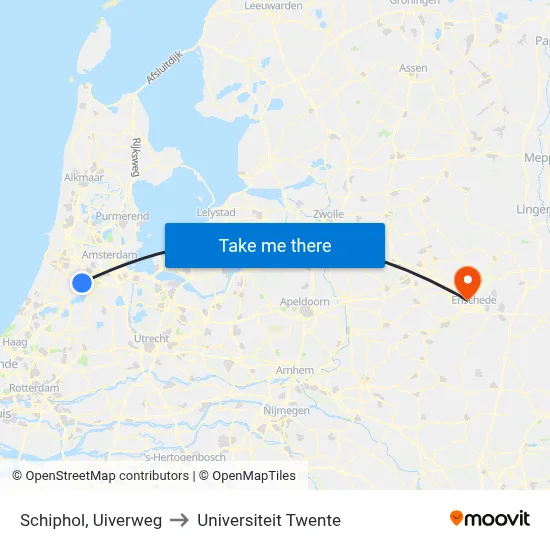 Schiphol, Uiverweg to Universiteit Twente map