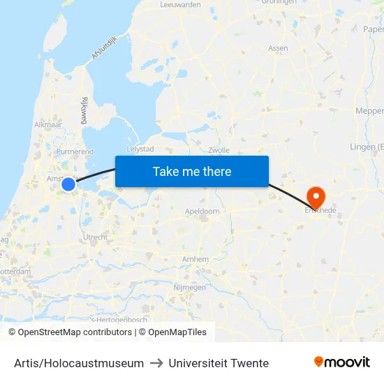 Artis/Holocaustmuseum to Universiteit Twente map