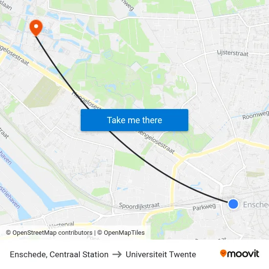Enschede, Centraal Station to Universiteit Twente map
