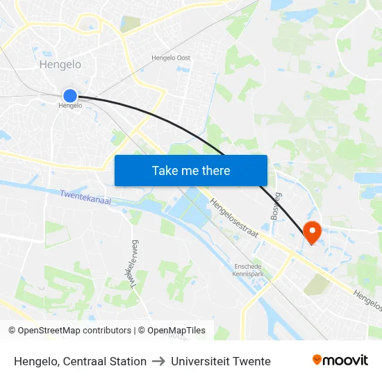Hengelo, Centraal Station to Universiteit Twente map