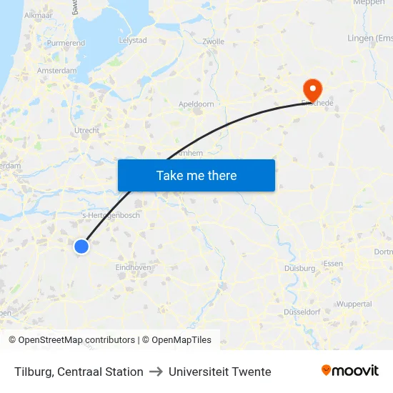 Tilburg, Centraal Station to Universiteit Twente map