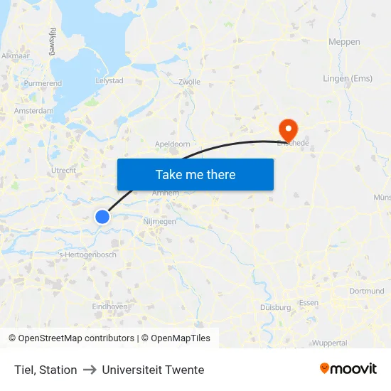 Tiel, Station to Universiteit Twente map