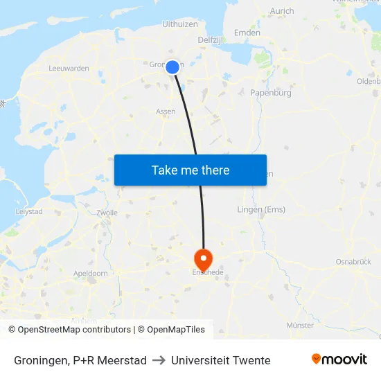Groningen, P+R Meerstad to Universiteit Twente map
