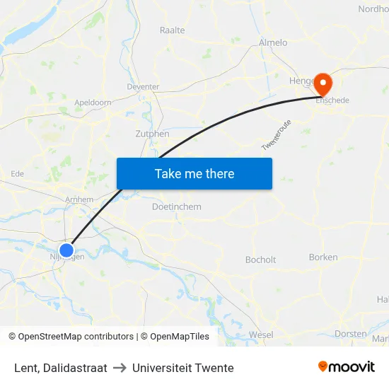 Lent, Dalidastraat to Universiteit Twente map
