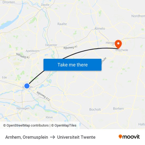 Arnhem, Oremusplein to Universiteit Twente map