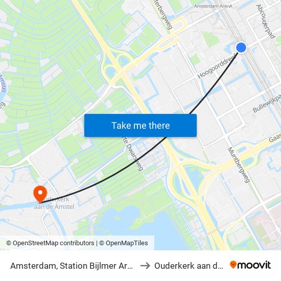 Amsterdam, Station Bijlmer Arena (Perron J) to Ouderkerk aan de Amstel map