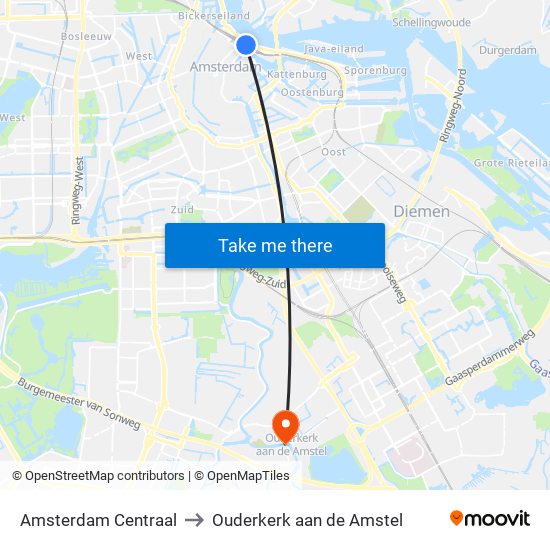 Amsterdam Centraal to Ouderkerk aan de Amstel map
