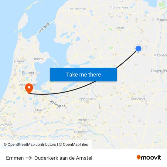 Emmen to Ouderkerk aan de Amstel map