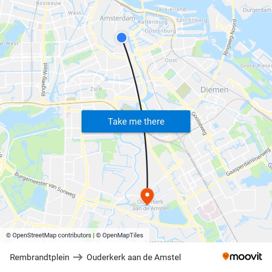 Rembrandtplein to Ouderkerk aan de Amstel map