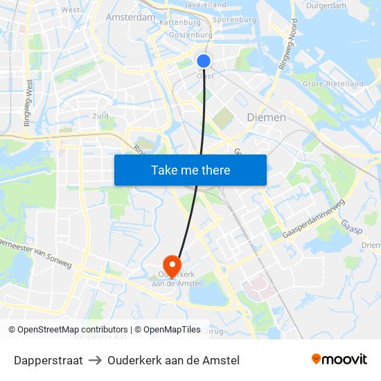 Dapperstraat to Ouderkerk aan de Amstel map