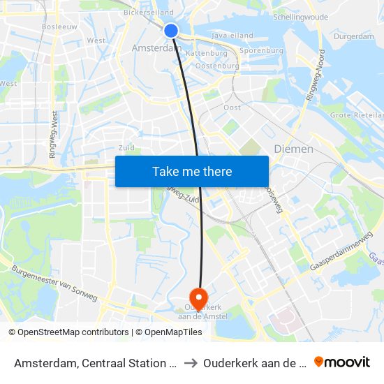 Amsterdam, Centraal Station (Perron J) to Ouderkerk aan de Amstel map