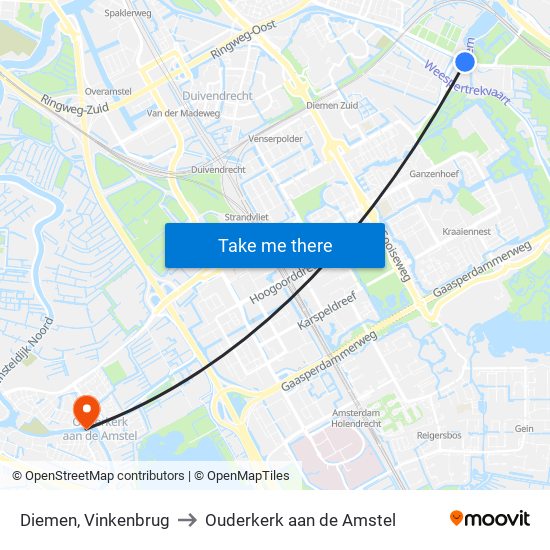 Diemen, Vinkenbrug to Ouderkerk aan de Amstel map