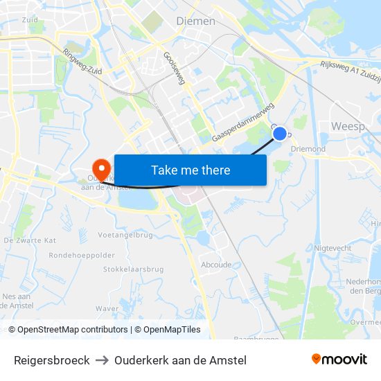 Reigersbroeck to Ouderkerk aan de Amstel map