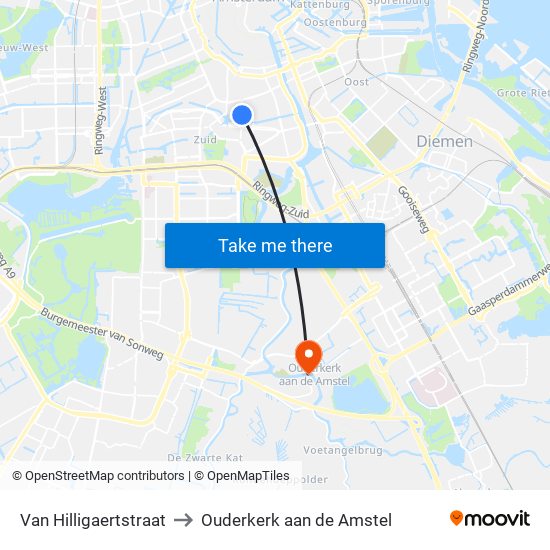 Van Hilligaertstraat to Ouderkerk aan de Amstel map