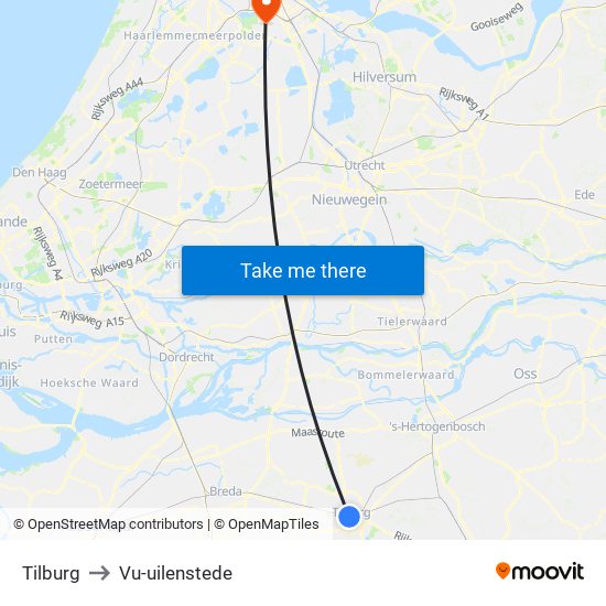 Tilburg to Vu-uilenstede map