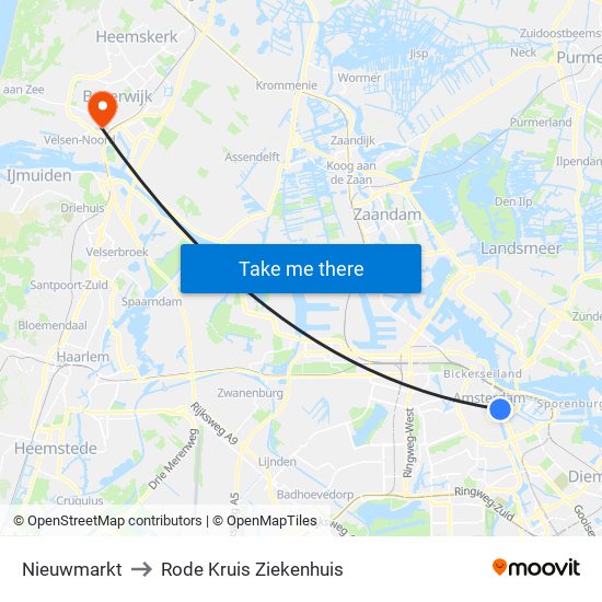 Nieuwmarkt to Rode Kruis Ziekenhuis map