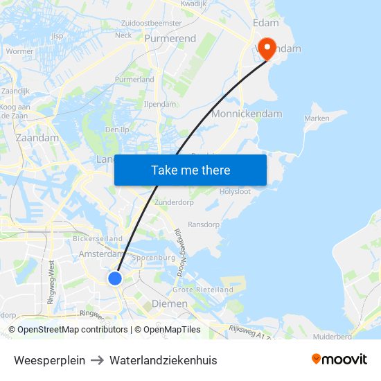 Weesperplein to Waterlandziekenhuis map