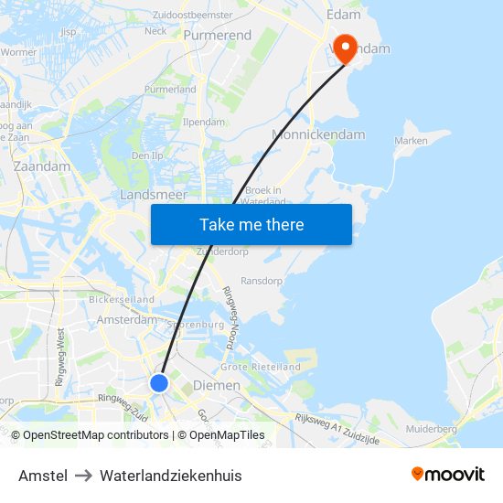 Amstel to Waterlandziekenhuis map