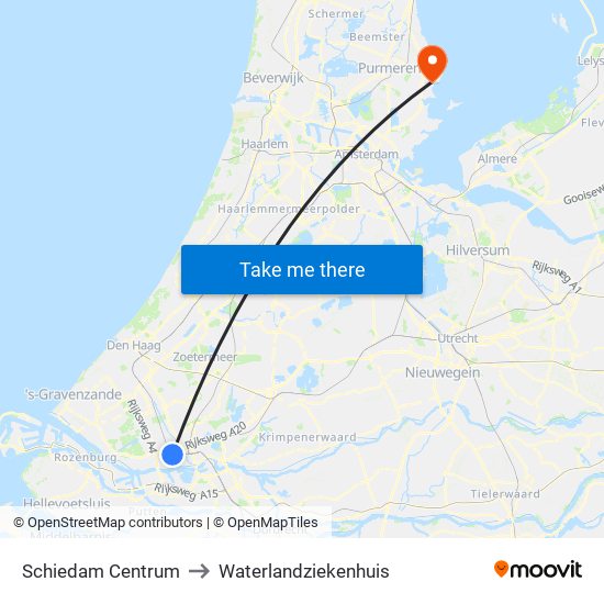 Schiedam Centrum to Waterlandziekenhuis map