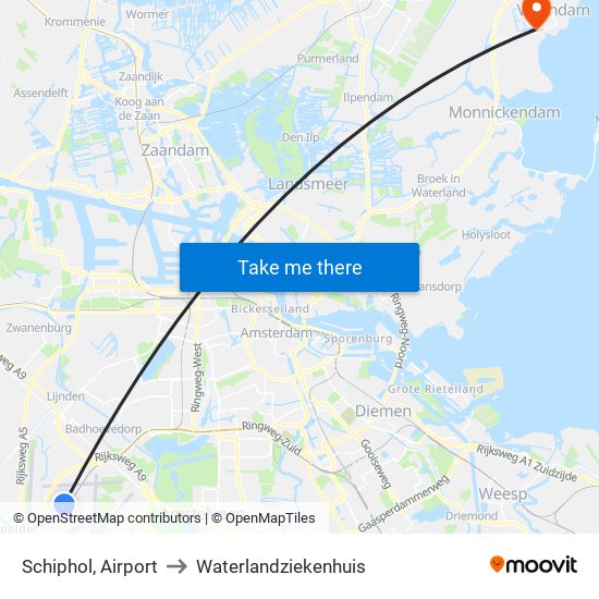 Schiphol, Airport to Waterlandziekenhuis map
