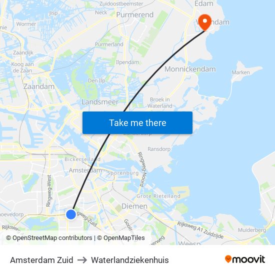 Amsterdam Zuid to Waterlandziekenhuis map