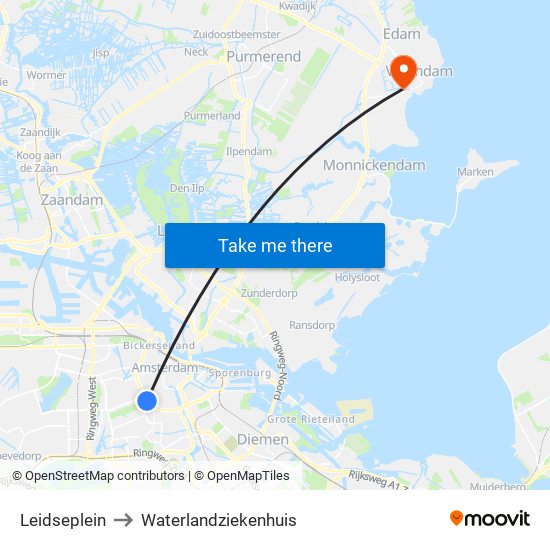 Leidseplein to Waterlandziekenhuis map