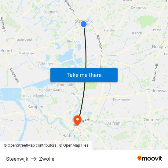 Steenwijk to Zwolle map