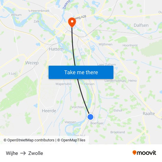 Wijhe to Zwolle map