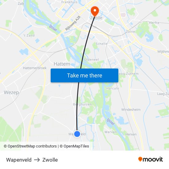 Wapenveld to Zwolle map