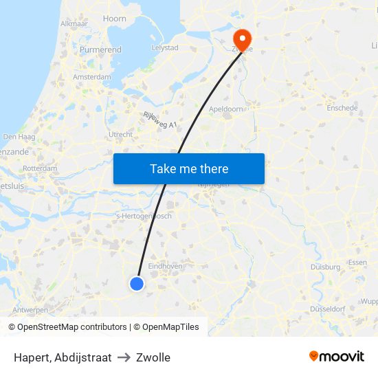 Hapert, Abdijstraat to Zwolle map