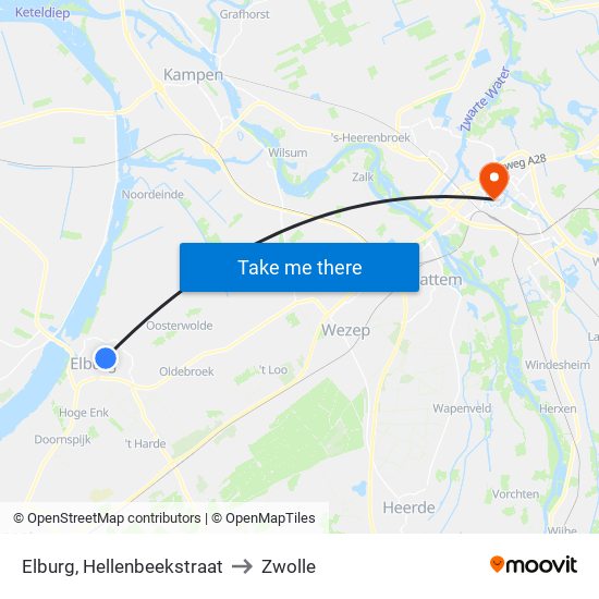 Elburg, Hellenbeekstraat to Zwolle map