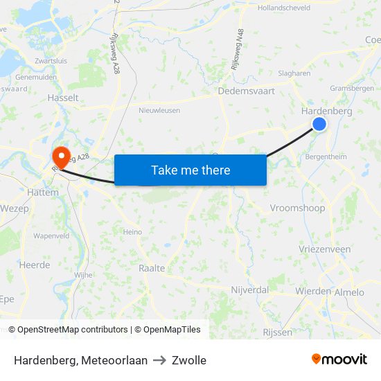 Hardenberg, Meteoorlaan to Zwolle map