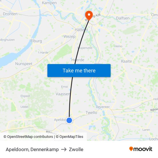 Apeldoorn, Dennenkamp to Zwolle map