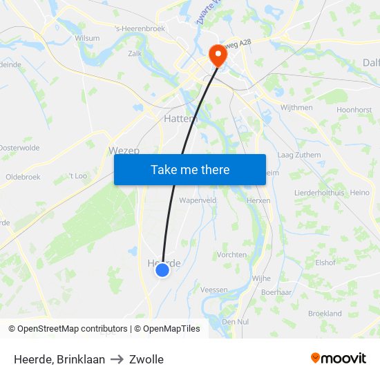 Heerde, Brinklaan to Zwolle map