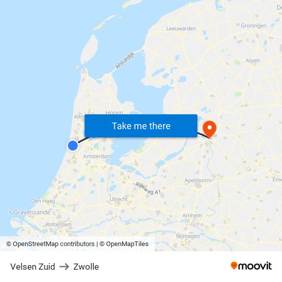 Velsen Zuid to Zwolle map