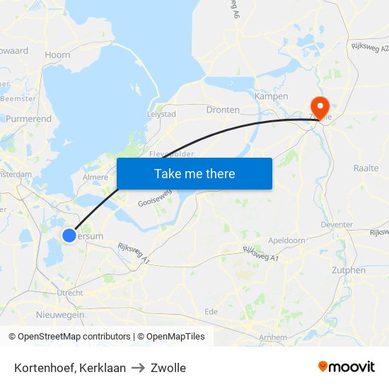 Kortenhoef, Kerklaan to Zwolle map