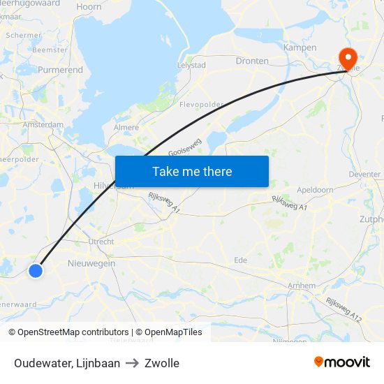 Oudewater, Lijnbaan to Zwolle map