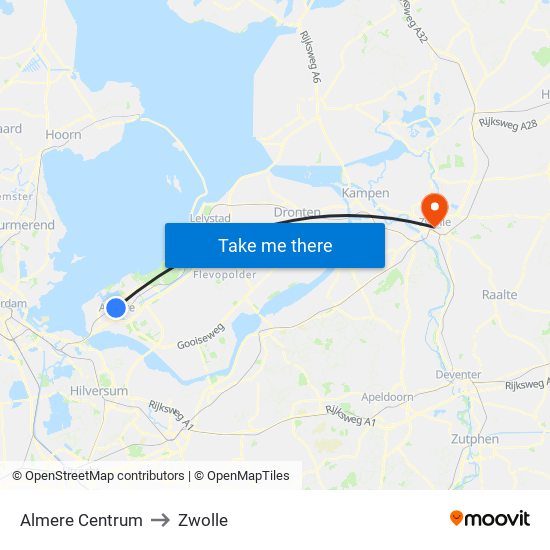 Almere Centrum to Zwolle map