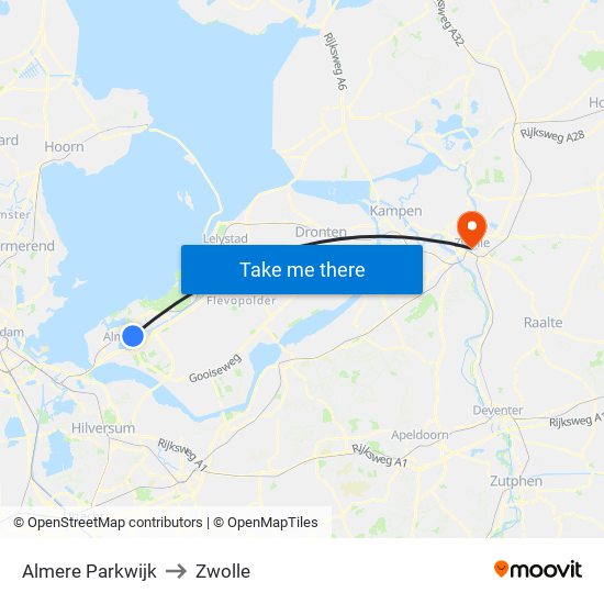 Almere Parkwijk to Zwolle map