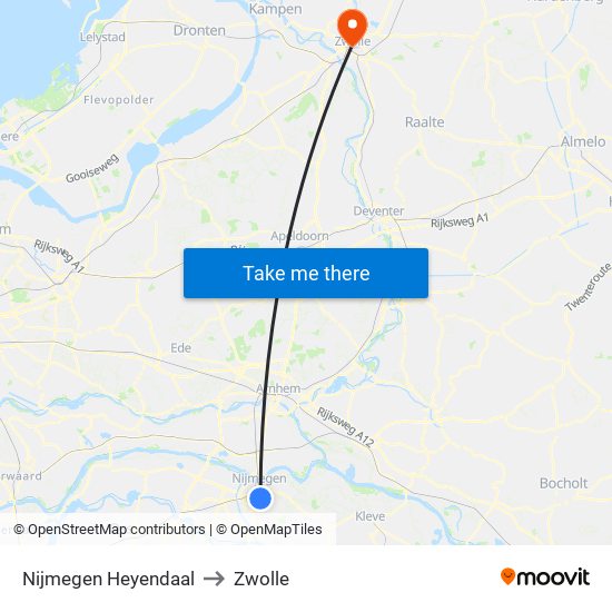 Nijmegen Heyendaal to Zwolle map