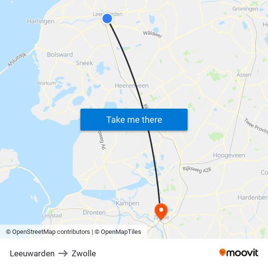 Leeuwarden to Zwolle map