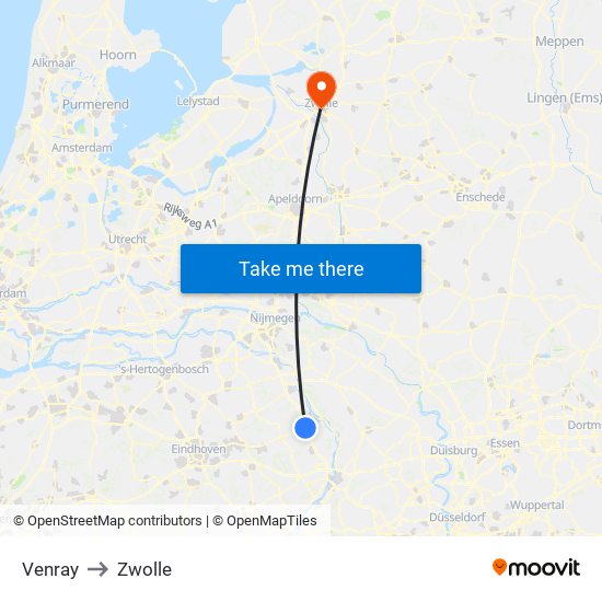 Venray to Zwolle map