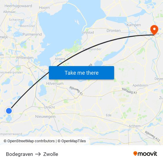 Bodegraven to Zwolle map