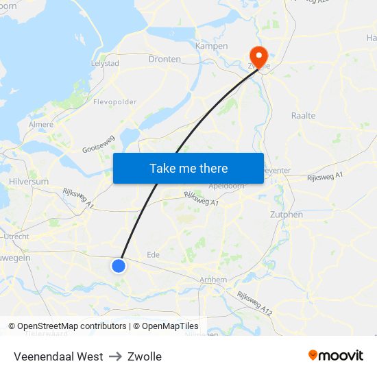 Veenendaal West to Zwolle map
