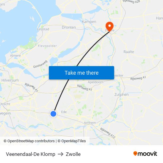 Veenendaal-De Klomp to Zwolle map