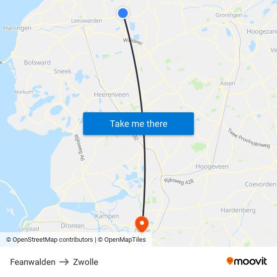 Feanwalden to Zwolle map