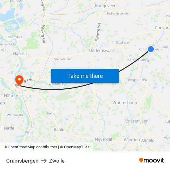 Gramsbergen to Zwolle map