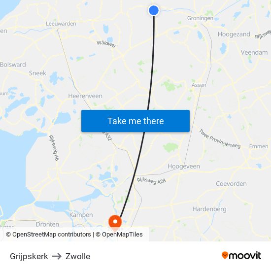 Grijpskerk to Zwolle map