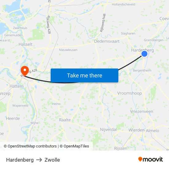 Hardenberg to Zwolle map