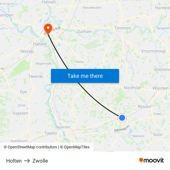 Holten to Zwolle map